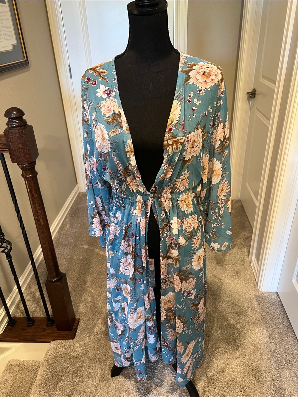 Floral Teal Tie-Front Duster with Blush Accents